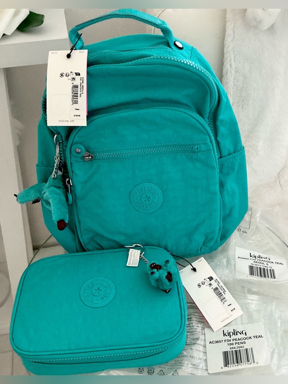 NWT Kipling Peacock Teal Backpack with Matching Pencil Pouch